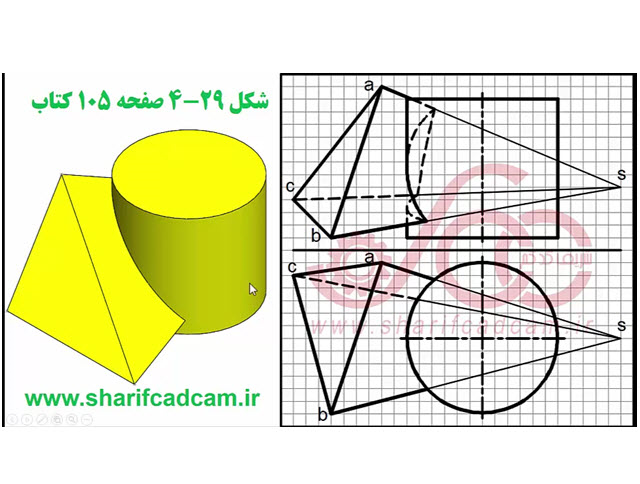 پیدا کردن تقاطع هرم و استوانه - کتاب اصول نقشه کشی صنعتی 2 استاد متقی پور